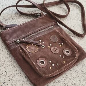 Fossil Brown Leather Suede Crossbody Bag Floral Stud Grommet Applique Full Zip